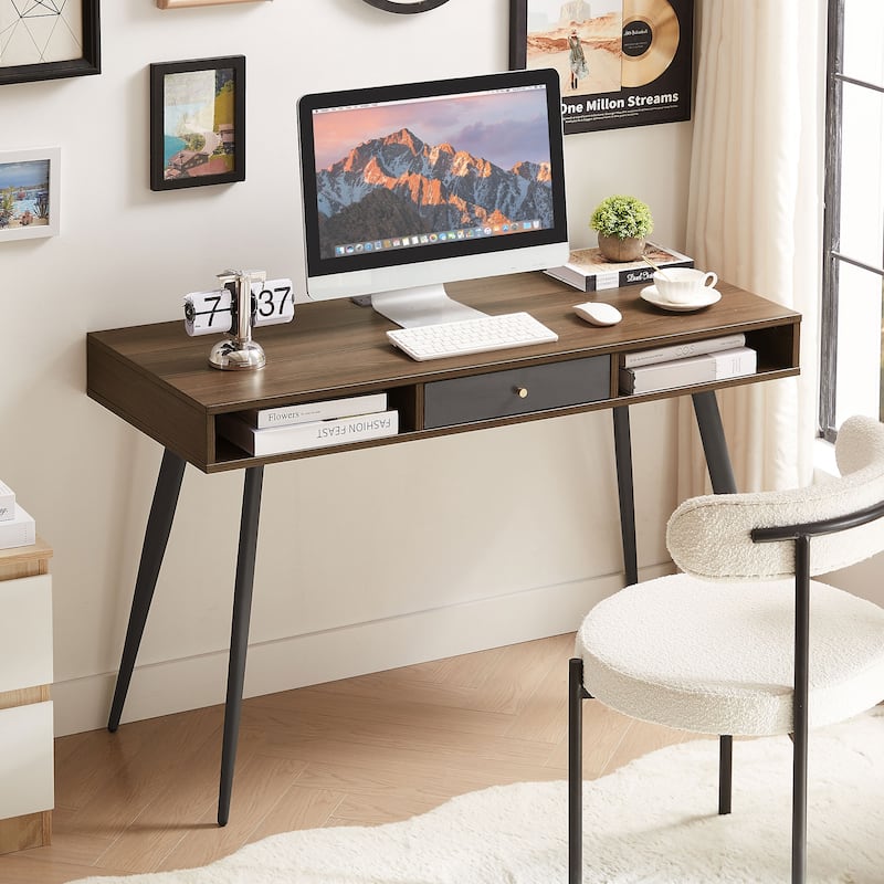 Mid Century Desk with USB Ports and Power Outlet, Writing Study Desk with Drawers, Multifunctional Home Office Computer Desk