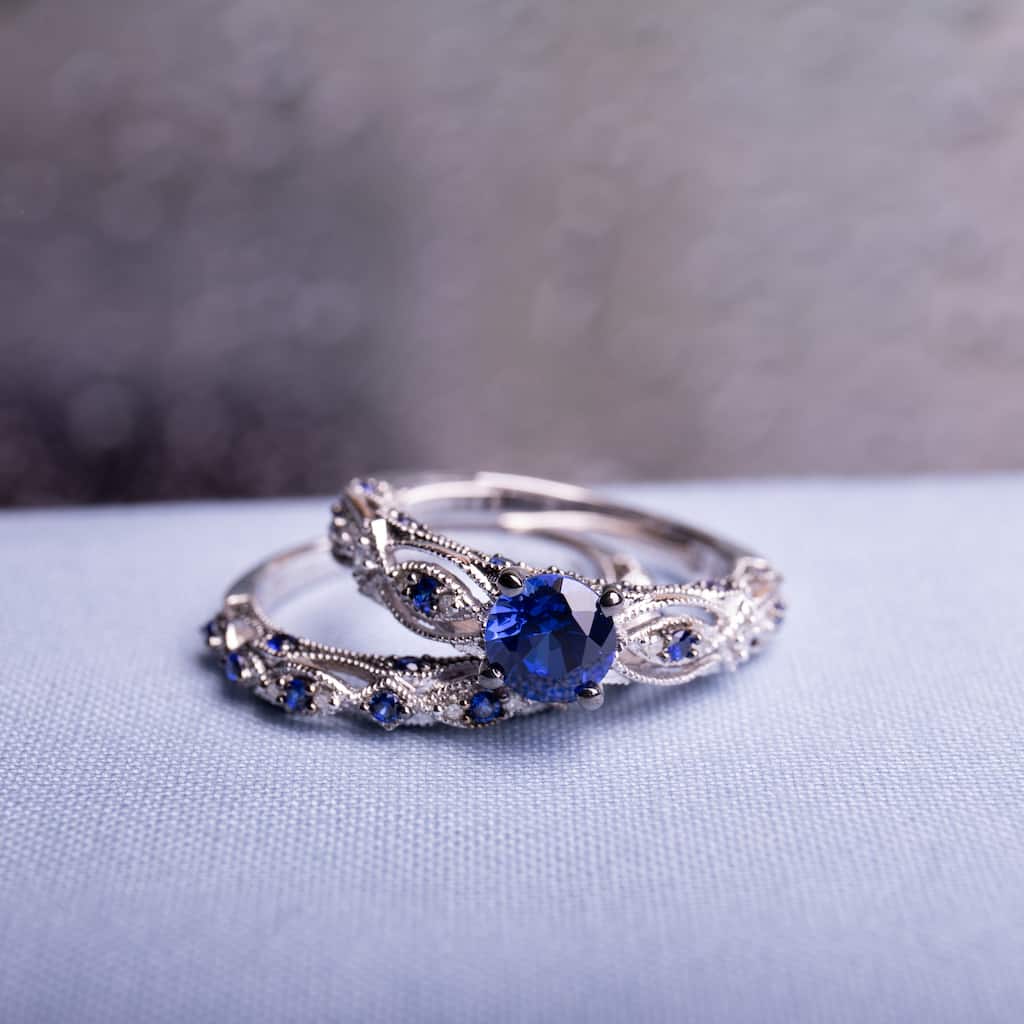 Miadora 10k White Gold Created Blue Sapphire 1/10ct TDW Diamond Vintage Bridal Set
