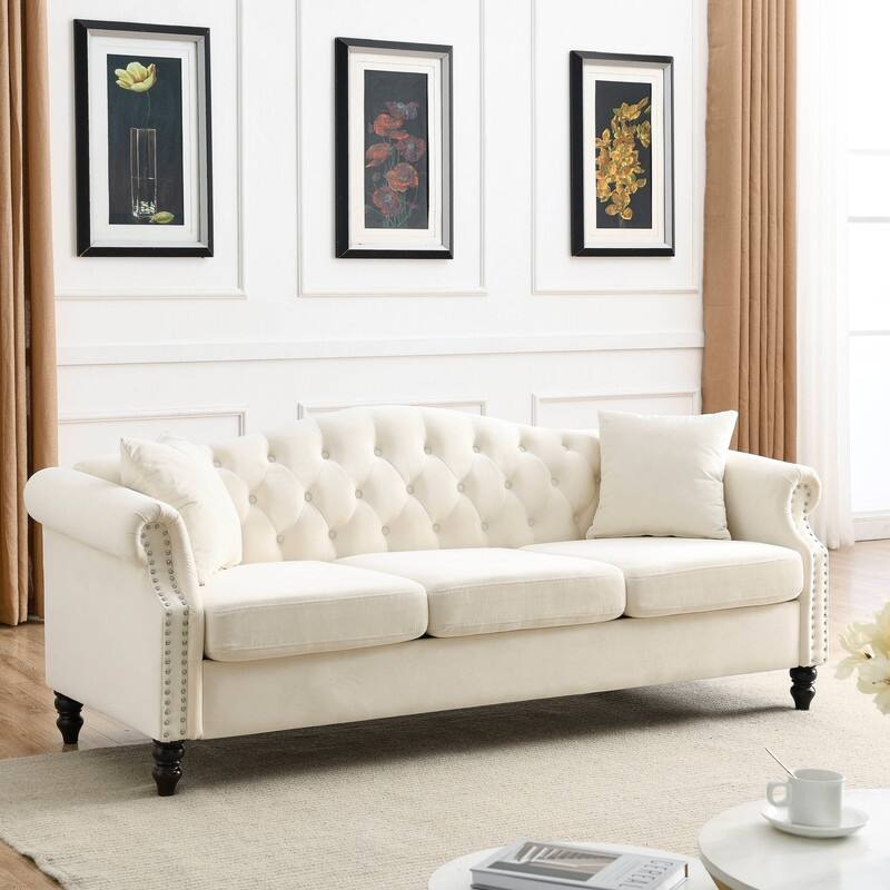 Chesterfield Sofa Velvet for Living Room, 3 Seater Sofa Tufted Couch with Rolled Arms and Nailhead, two pillows 