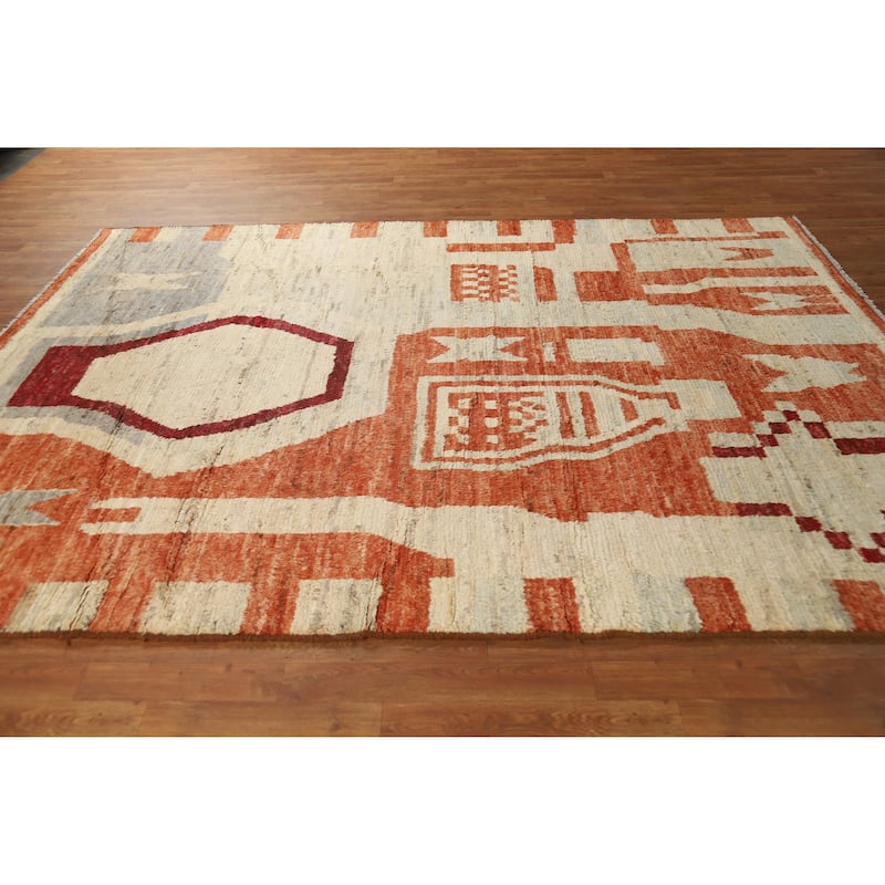 Moroccan Oriental Area Rug Hand-Knotted Beige Tribal Wool Carpet - 6'10" x 9'8"