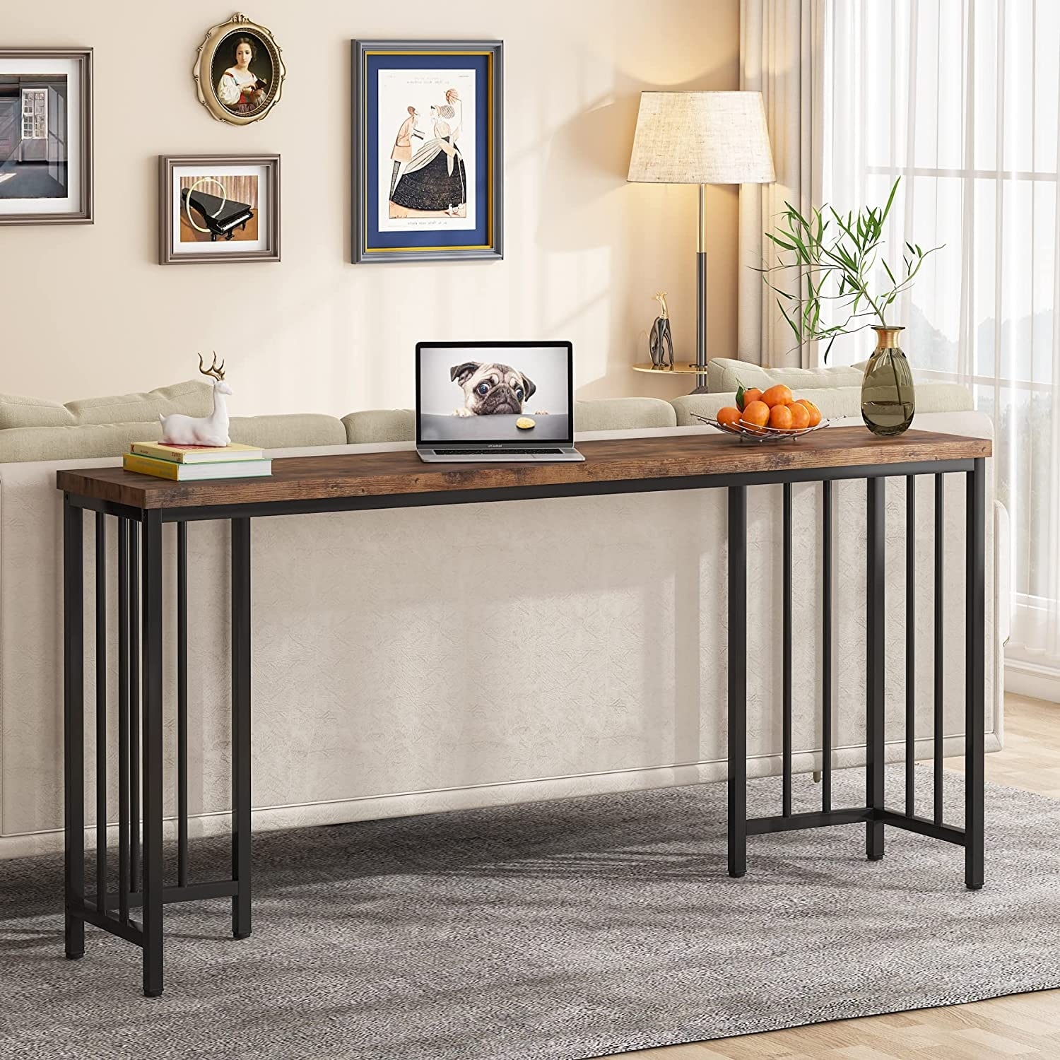 Rustic 70.9 Inch Extra Long Console Table, Industrial Narrow Sofa