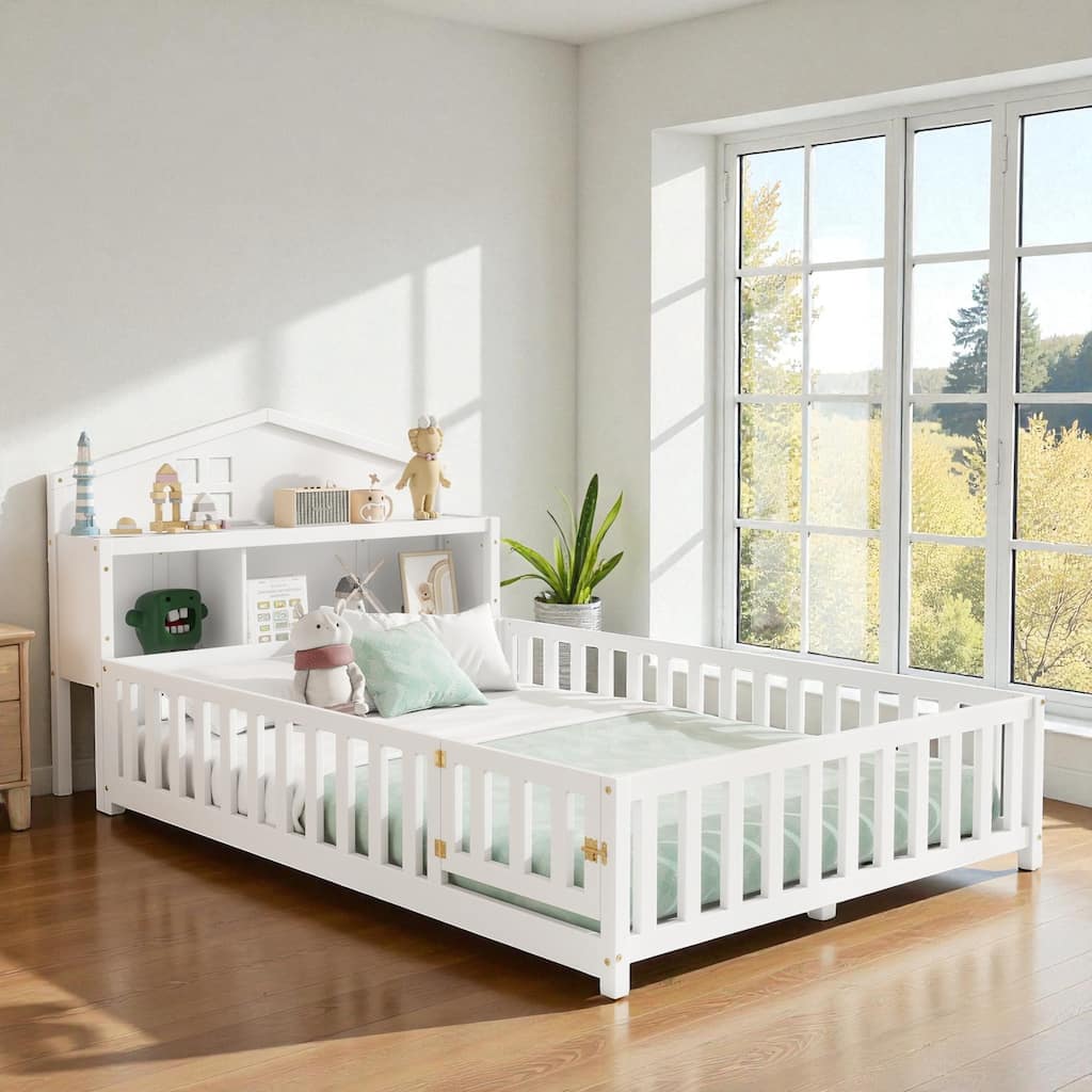 Full Size Montessori Floor Bed with Guard Rails, Bookcase Headboard & Blackboard, Solid Wood Platform Bed for Kids