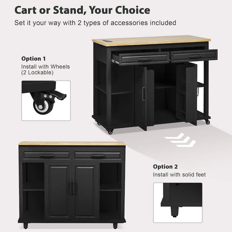 Modern Kitchen Island with Retractable Dining Table, Interior Storage Shelf, Power Socket, 2 Drawers and 2 Cabinets, for Kitchen
