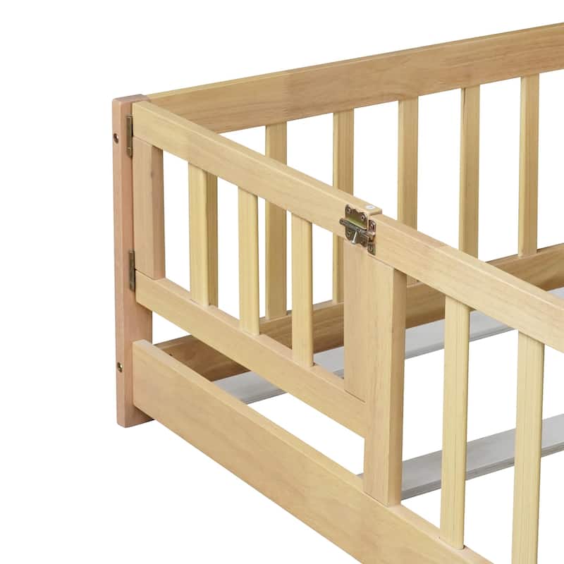 Queen Size Floor Bed with Fence,Door,Rubber Wood Floor Bed with Safety Guardrails