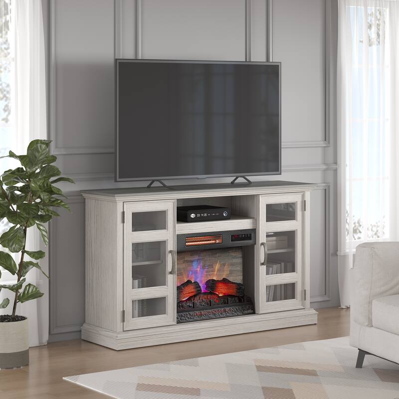 duraflame® Electric Fireplace Entertainment Center with Glass Cabinet Storage, Blanco Oak