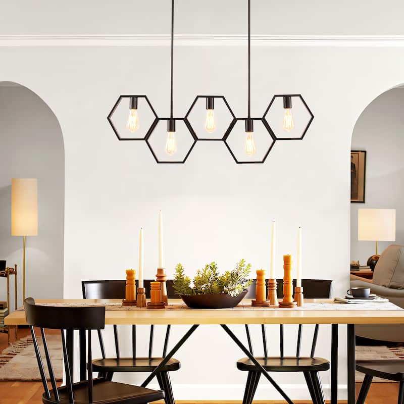 5-Light Mid-Century Modern Matte Black Geometric Pendant Island Lighting - 38.5 in. W x 72 in. H