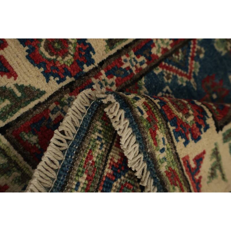 Hand Knotted Oriental 100% Wool Carpet Traditional Geometric Navy Blue & Blues Kazak Area Rug - 3' 0'' X 2' 0''