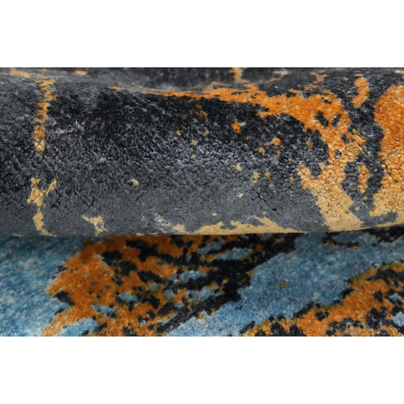Hand Knotted Oriental Viscose Silk Carpet Modern Pictorial Navy Blue & Blues Abstract Area Rug - 7' 7'' X 5' 8''