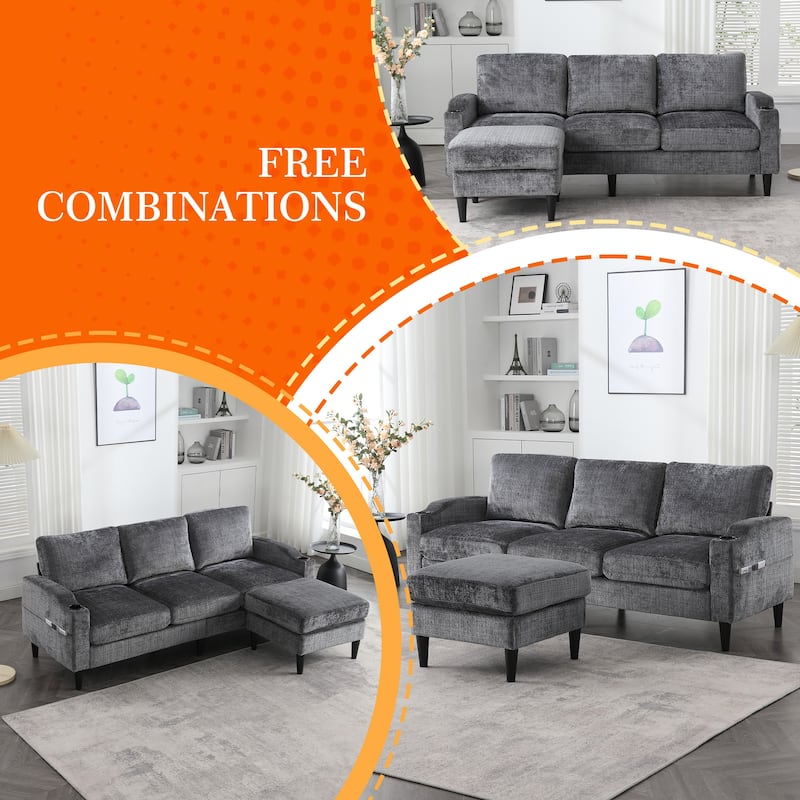HOMEFUN Chenille Upholstered L-Shaped Living Room Sofa with Storage Ottoman