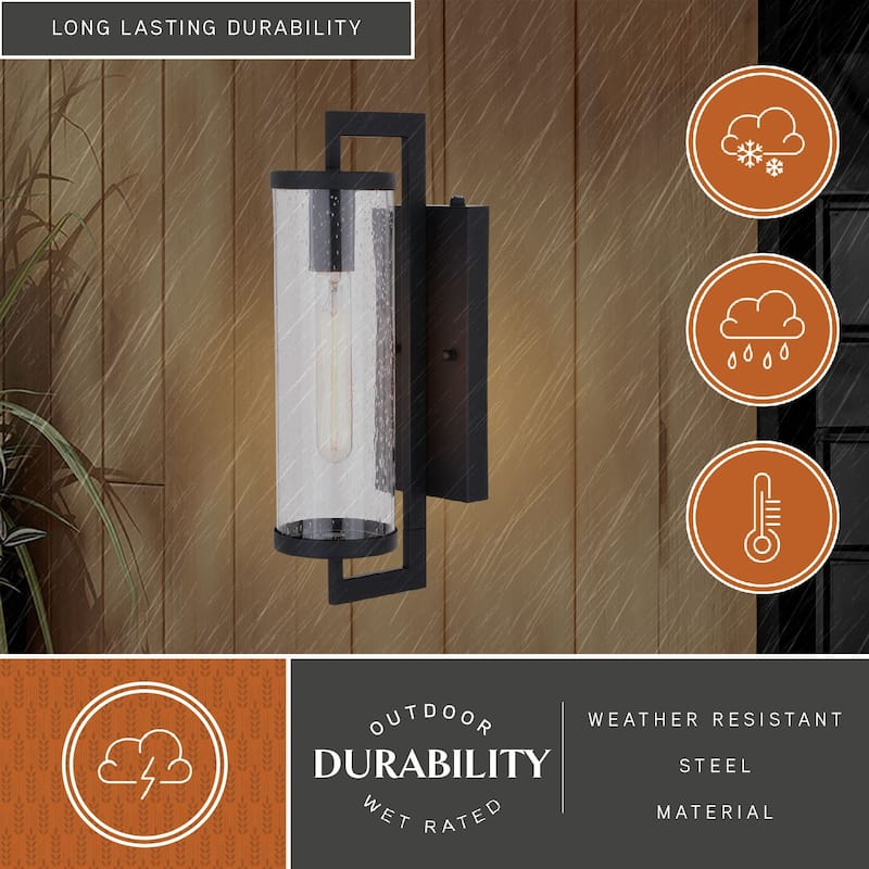 Morgan Park 1-Light Dusk to Dawn Modern Outdoor Wall Sconce with Clear Seeded Cylinder Glass Shade, Exterior Lantern
