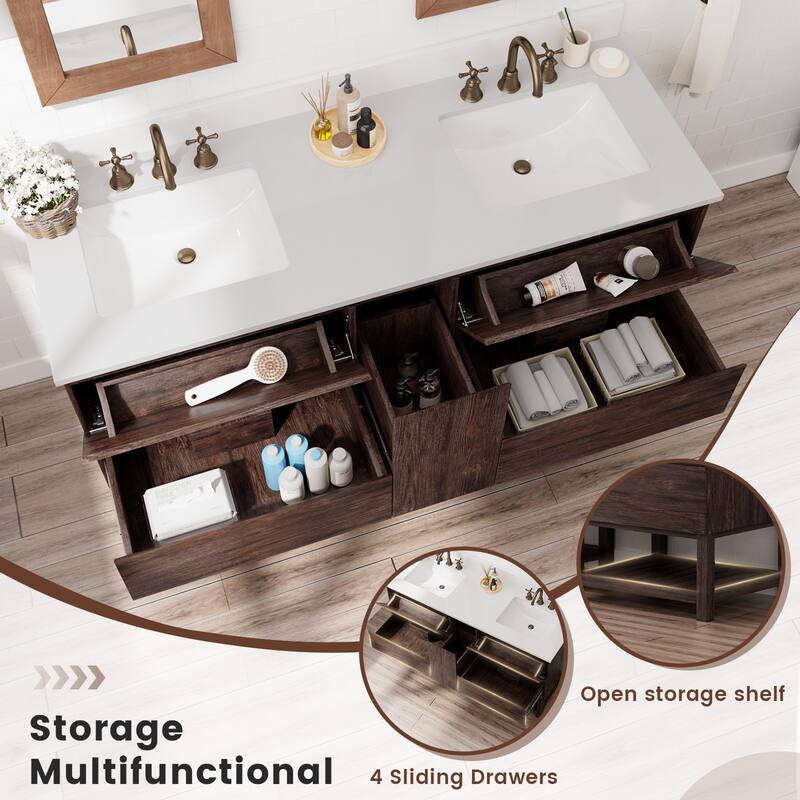 60-Inch Antique Style Solid Wood and MDF Double Sink Bathroom Vanity with Storage