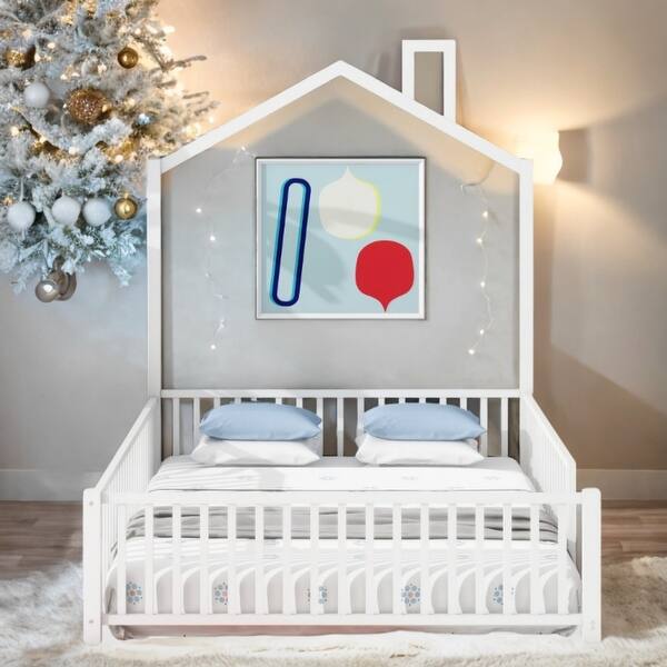 slide 2 of 10, White Metal Full Size House Bed with Guardrail, Kids Bed with Headboard White