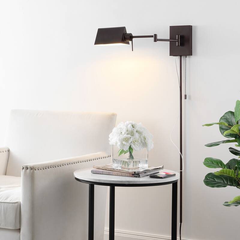 Curtis Farmhouse Swing Arm Plug-In or Hardwired Iron LED Wall Sconce with Pull-Chain with USB Charging Port, by JONATHAN Y