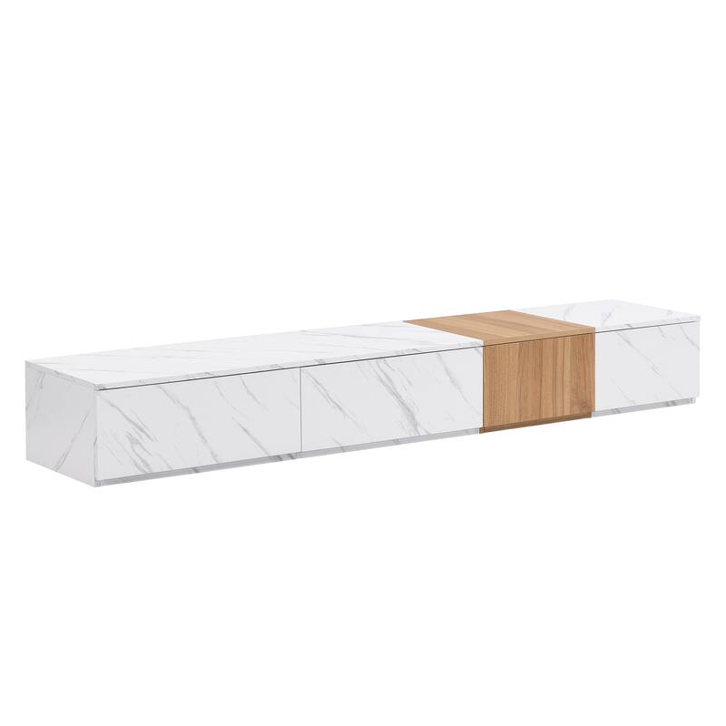 TV Stand with Faux Marble and Walnut Wood Grain, for TVs Up to 88", White - 78.7" W × 15.7" D × 10.4" H