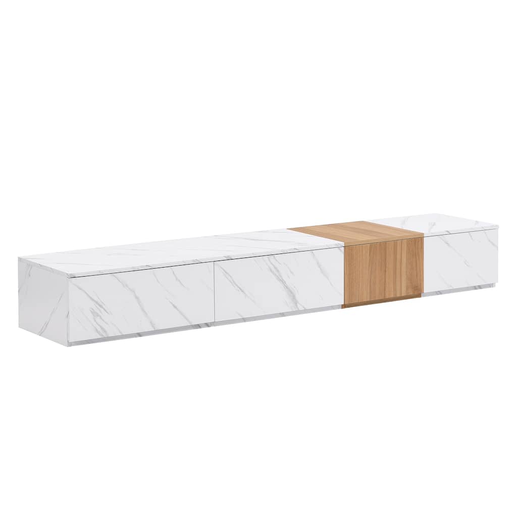 TV Stand with Faux Marble and Walnut Wood Grain, for TVs Up to 88", White - 78.7" W × 15.7" D × 10.4" H
