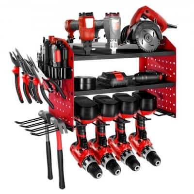 3-Tier Wall Mounted Power Tool Rack with Adjustable Shelf and 4 Drill Slots Pegboard Hooks - 23.31” x 8.66” x 12.01”