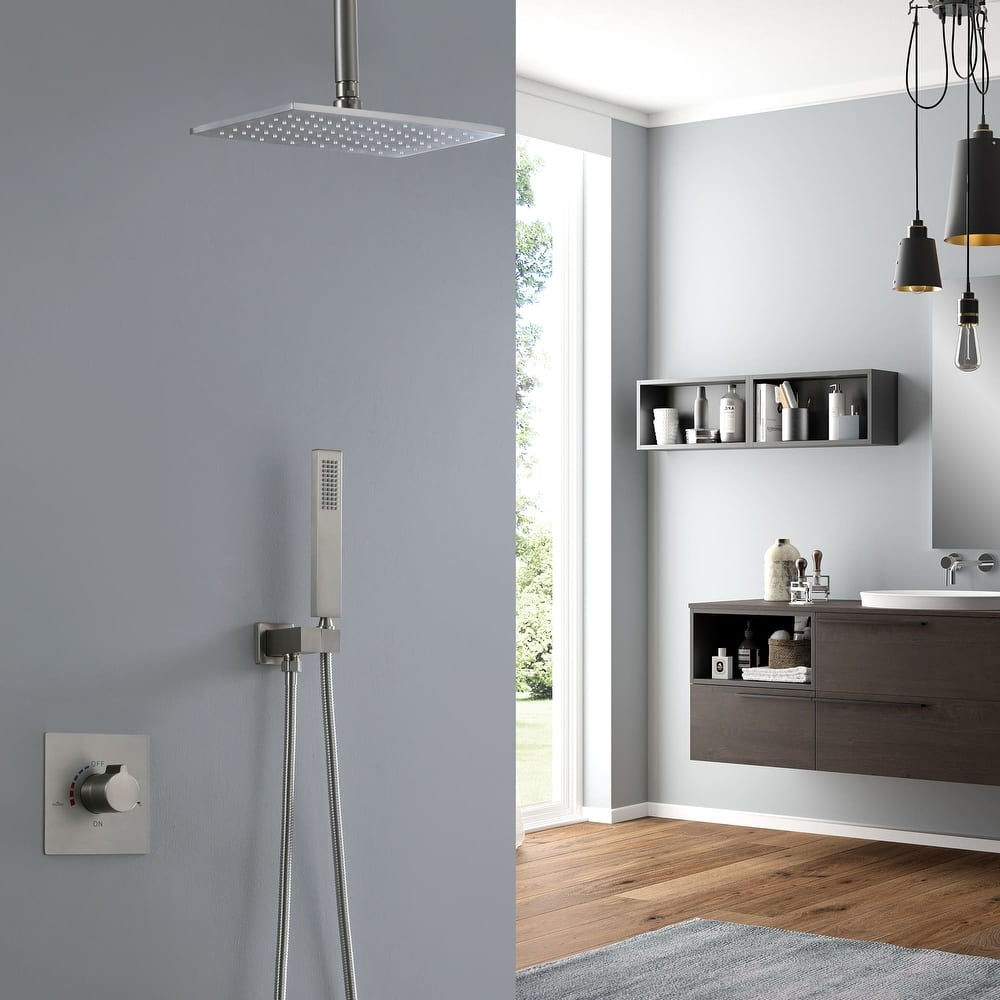 Ceiling Mount Shower System With Handheld Shower Faucet Set With Rough-in Valve Rainfall Modern Shower Head Combo Kit Trim Set