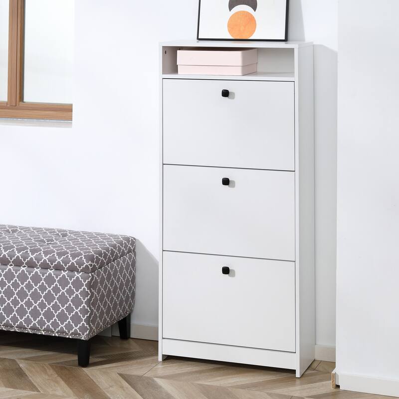 Slim Shoe Cabinet, Trendy Shoe Storage Cabinet with 3 Large Fold-Out Drawers & a Spacious Top Surface for Small Items