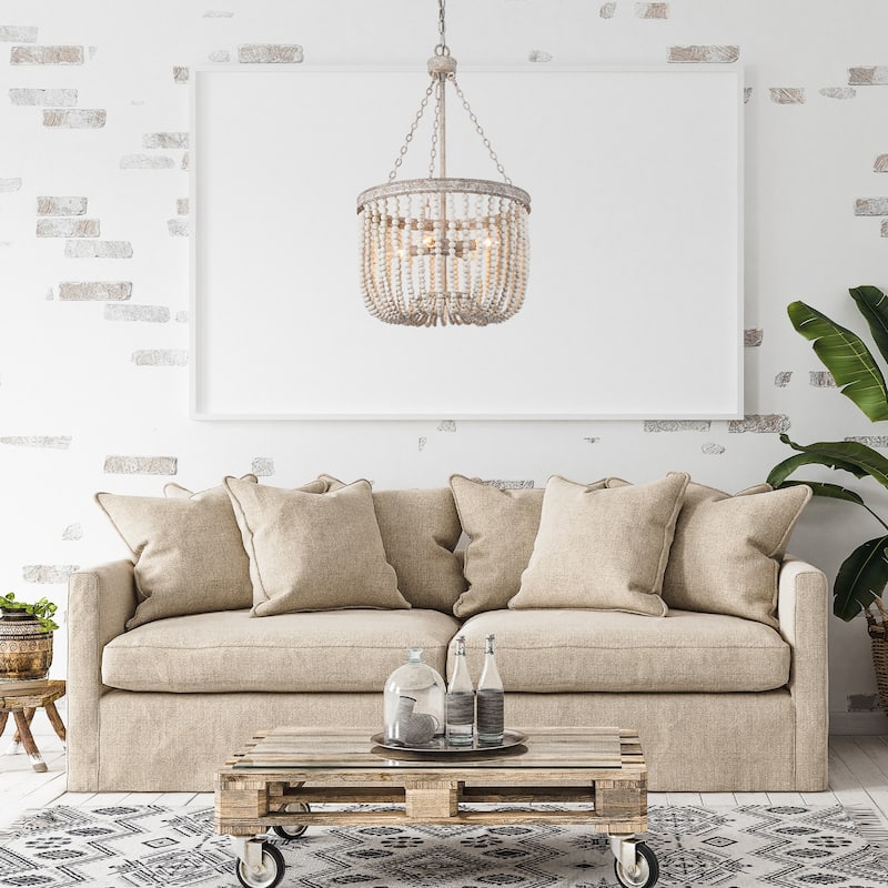 Modern Wood Beaded Chandelier Handmade LED Drum Basket Ceiling Light 4-light Dining Room Lights - Grey - D15.5" X H87"