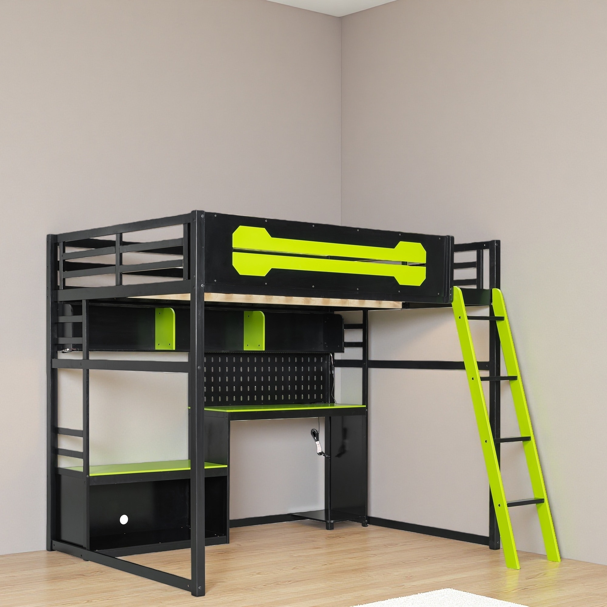 Full Size Wood Loft Bed with Desk, Shelves, LED Lights, USB Ports & Pegboard, Solid Wood Gaming Loft Bed with Storage