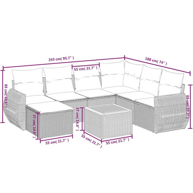 vidaXL 8 Piece Patio Sofa Set with Cushions Gray Poly Rattan