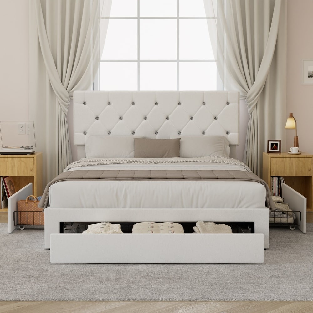 VECELO Bed Frame with Storage Drawers Leather Upholstered with Diamond Tufted Headboard Solid Wood Slat Support