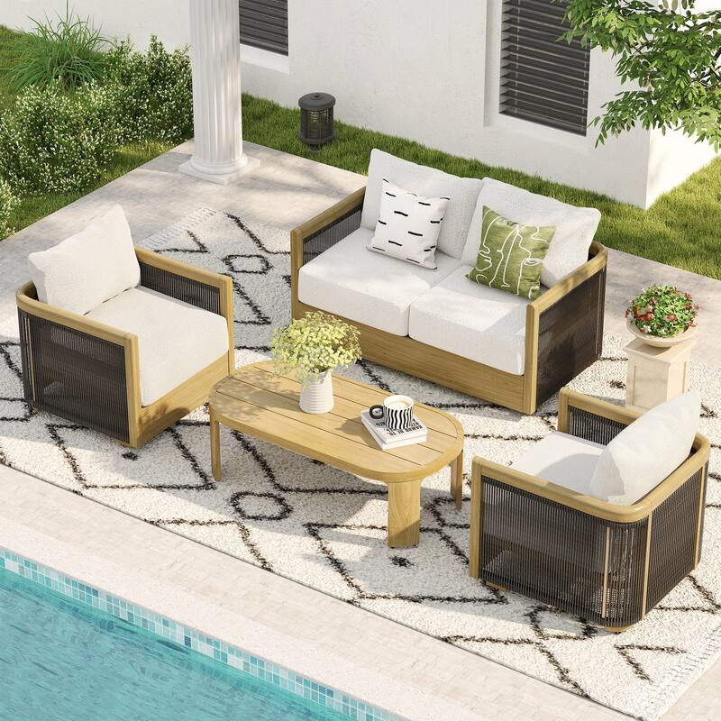 Overture 4-Piece Natural Wood Grain Aluminum Hand-Woven Rope Patio Conversation Set with Beige Cushions and Coffee Table