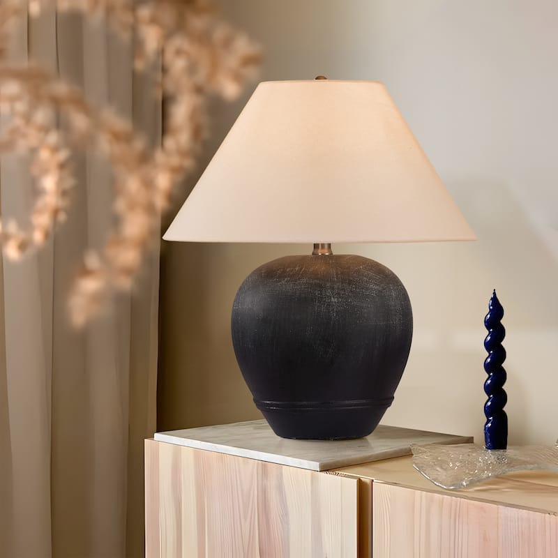 Global Accent Ceramic Table Lamp with Linen Shade - Large size: 21"H x 18"W x 18"D - Black Smudged