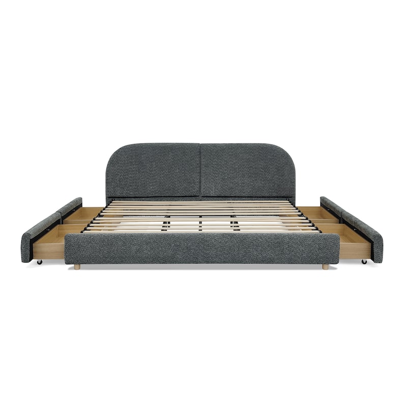 Fabric Upholstered Platform Bed Frame with Curved Headboard/4 Built-in Wheeled Storage Drawers/Sturdy Legs Support/Easy Assembly