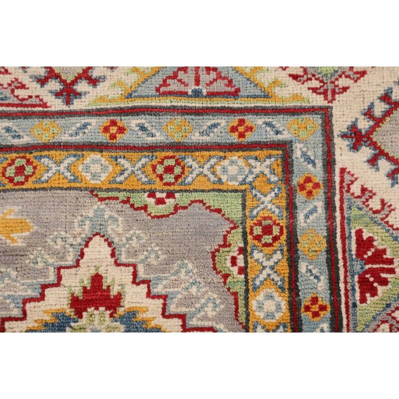 Grey Geometric Kazak Oriental Area Rug Hand-Knotted Wool Carpet - 5'1" x 6'7"