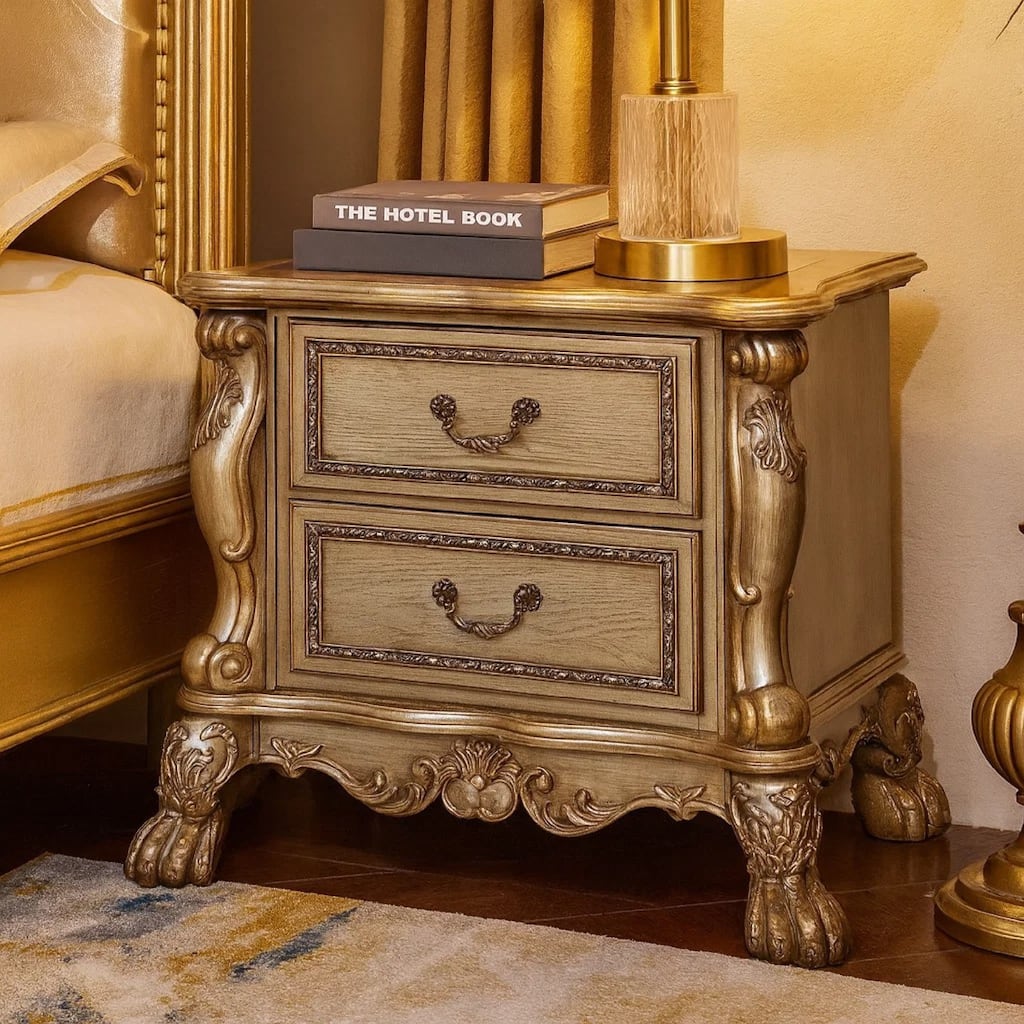 Wooden Nightstand with Two Drawers, Gold & Bone White