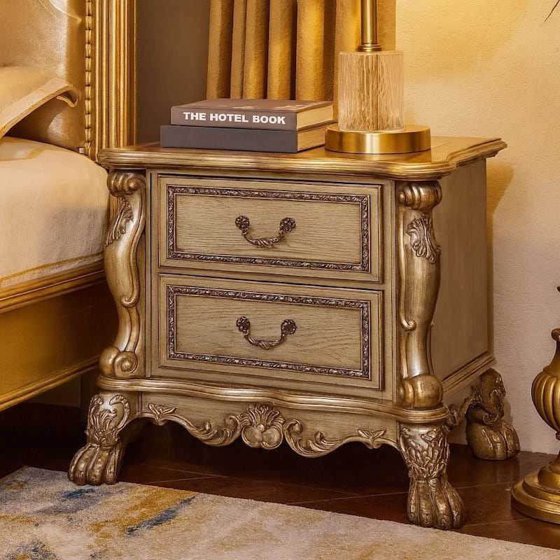Wooden Nightstand with Two Drawers, Gold & Bone White