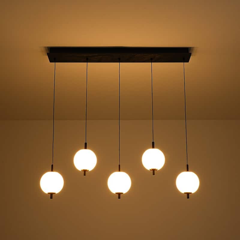 Modern 5-Light Kitchen Island Pendant with Ribbed Acrylic Globe Shade - Matte Black