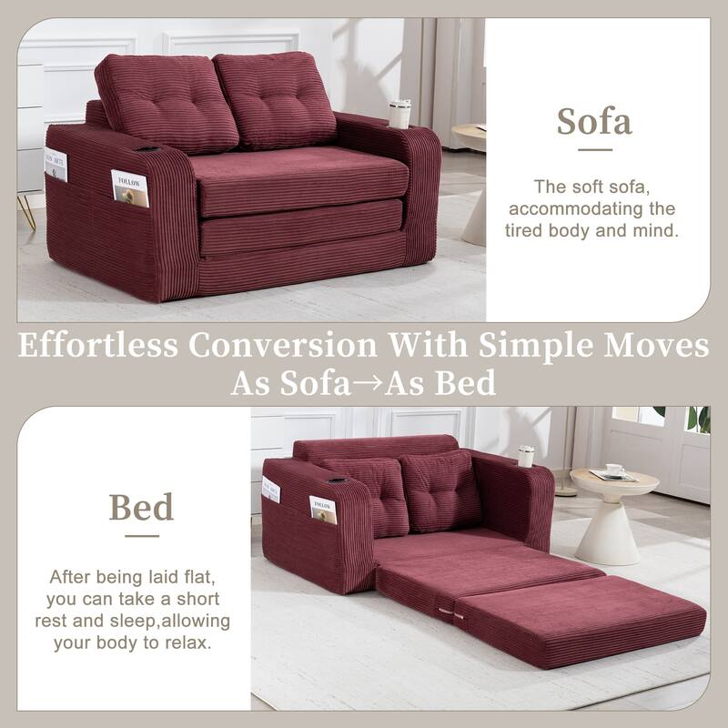 Convertible Sofa Bed, Expandable double Sofa Bed, 2 in 1 Convertible Sofa Bed, Fold Out Floor Couch with Pillows