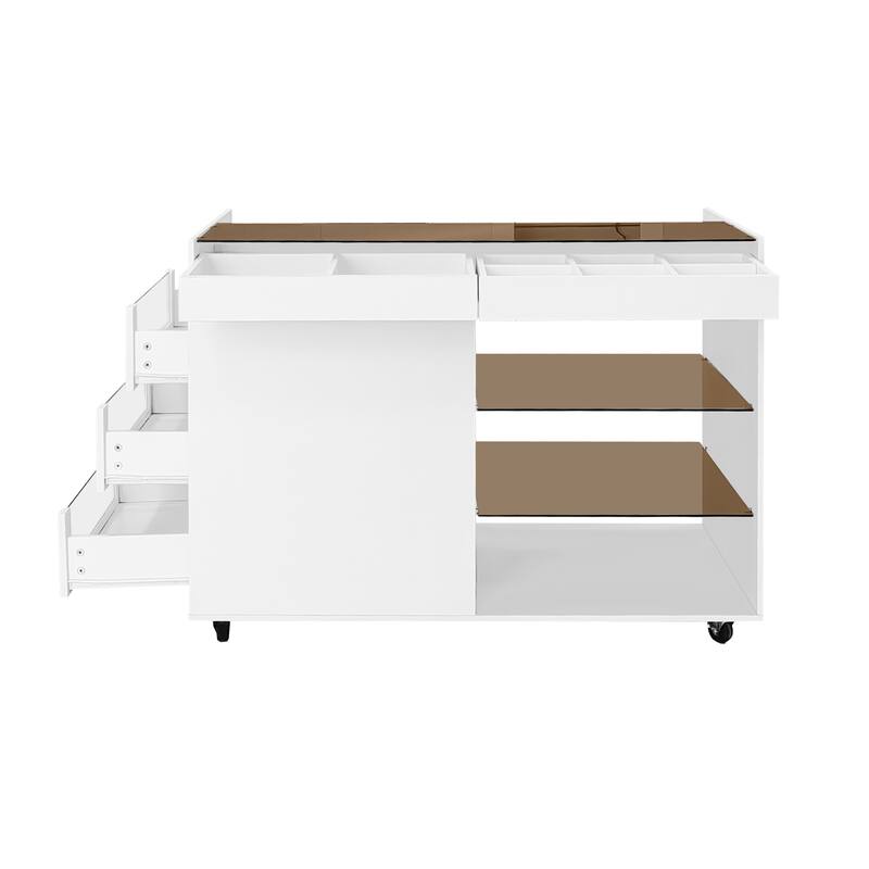 Roomfitters Multi-Functional Storage Island Vanity Console with Glass Display Shelves and Reversible Top, White