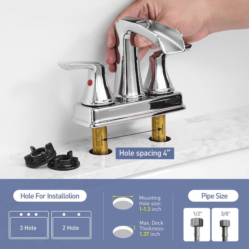 4 in. Centerset Double Handle Waterfall Bathroom Faucet with Pop-up Drain Kit Sink Vanity Basin Taps