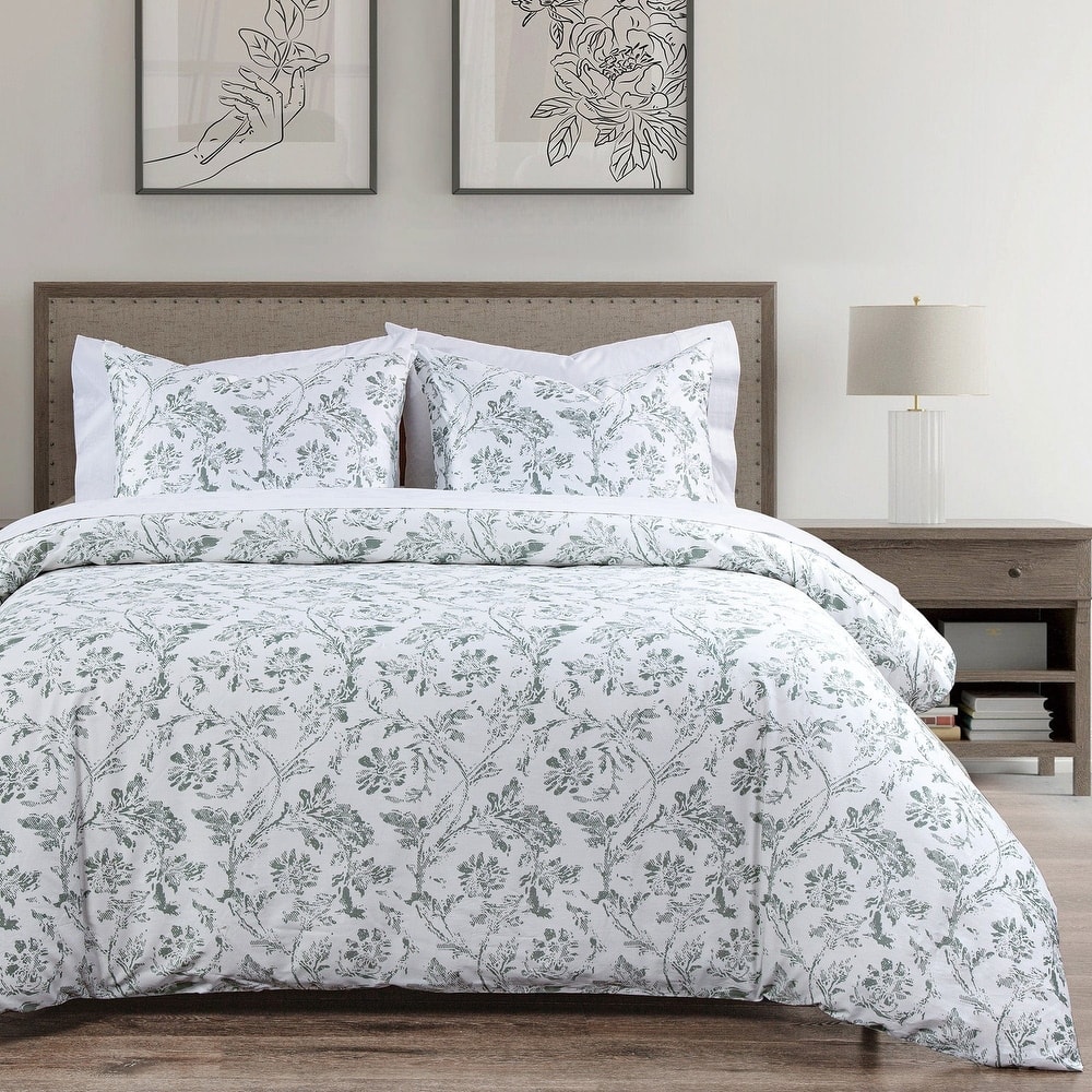 Indigo Hill by HiEnd Accents Ivy Printed Cotton Sage Green Floral Vine Print Bedding – 3 Piece Comforter with Pillow Shams