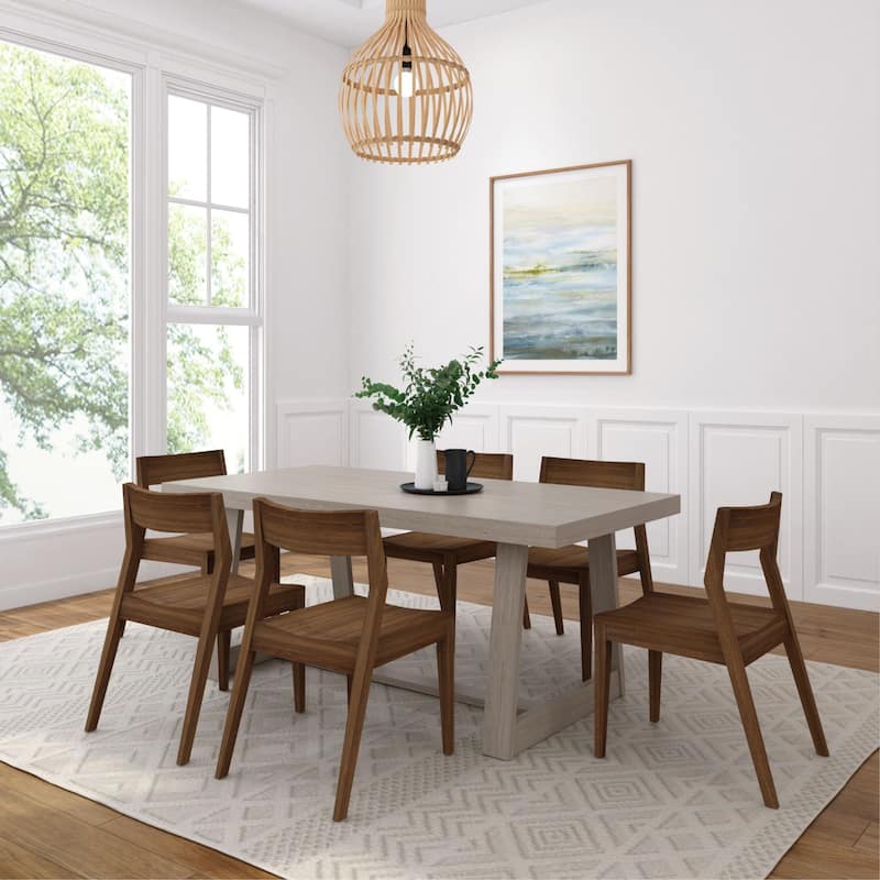 Plank and Beam 72" Classic Solid Wood Dining Table and Chairs Set - Seashell Wirebrush/Walnut