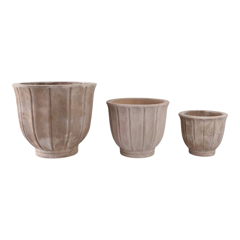 Pottery Clay Planters with Petal Ribbed Detailing (Set of 3) - 15" x 15" x 13"