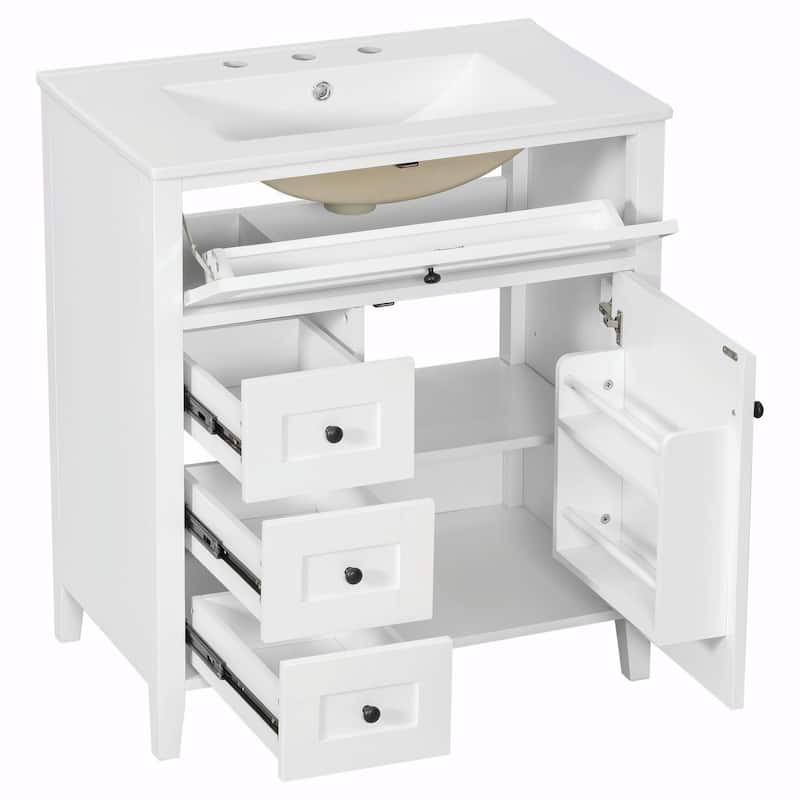 Bathroom Vanity with Sink, Modern MDF and Rubberwood Cabinet with 3 Drawers and Adjustable Shelf