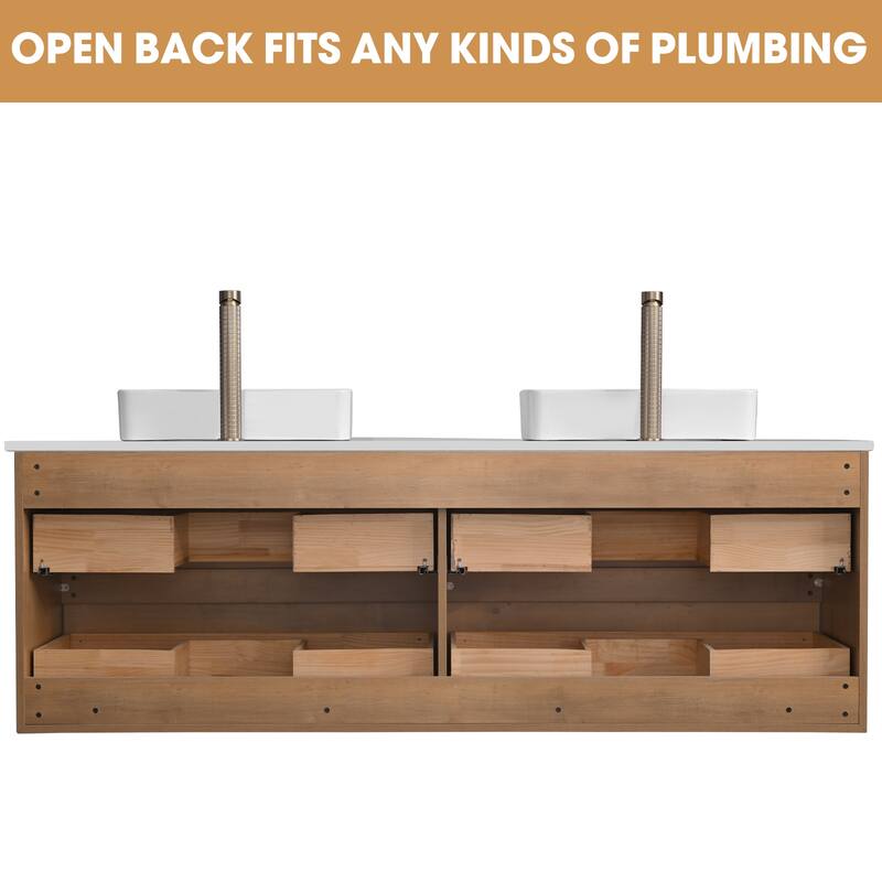 72" Floating Bathroom Vanity Quartz Counter Top with Double Ceramic Vessel Sink - Square Sink