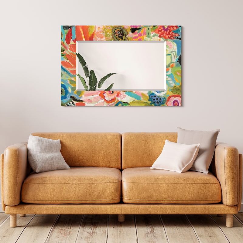 "Secret Garden Floral III" Rectangular Beveled Mirror on Free Floating Reverse Printed Tempered Art Glass - 48" x 32"