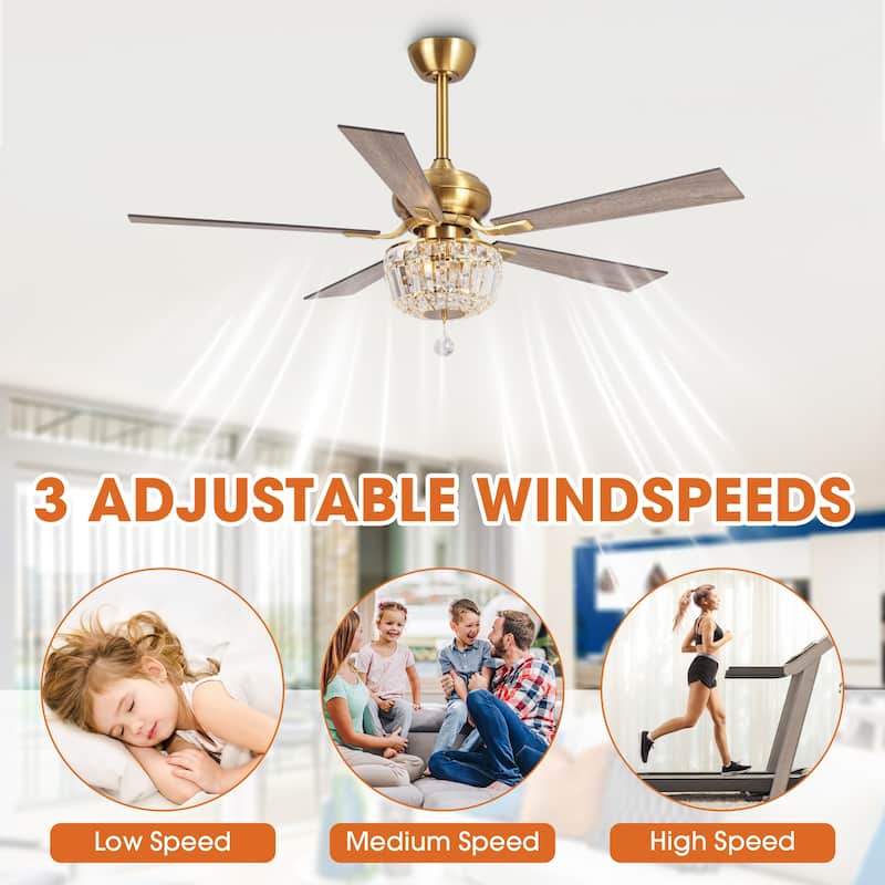 52-inch Brush Gold Wood 5-Blade Crystal LED Ceiling Fan with Remote