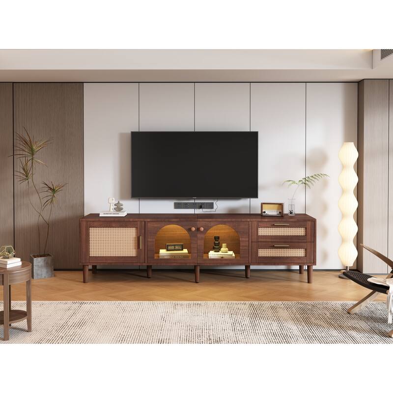 Roomfitters 70 Inch TV Stand for TVs up to 80 Inch, Modern Media Console with App-Controlled LED Lights & Glass Doors, Brown