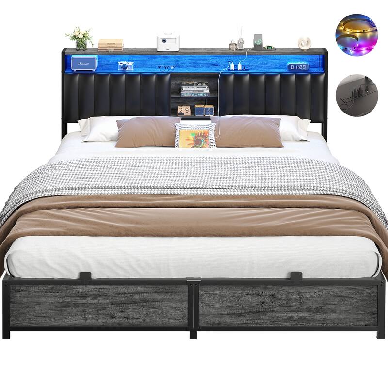 Upholstered Bed Frame with Storage Shelving, Platform Beds with Charge Station and LED Lights