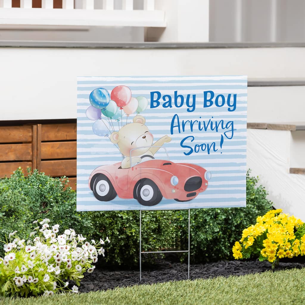 24" x 18" Yard Sign with H-Stake, Bear Baby Boy Arriving Soon