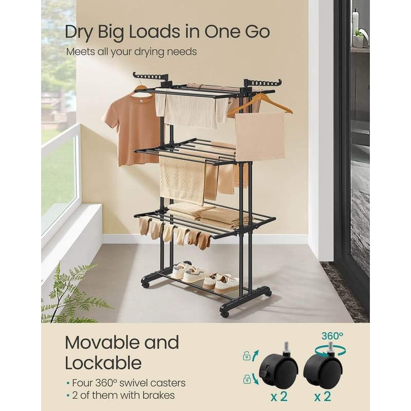 Steel Plastic 4-Tier Drying Rack with Wheels and Foldable Wings - 25"D x 50.4"W x 68.1"H