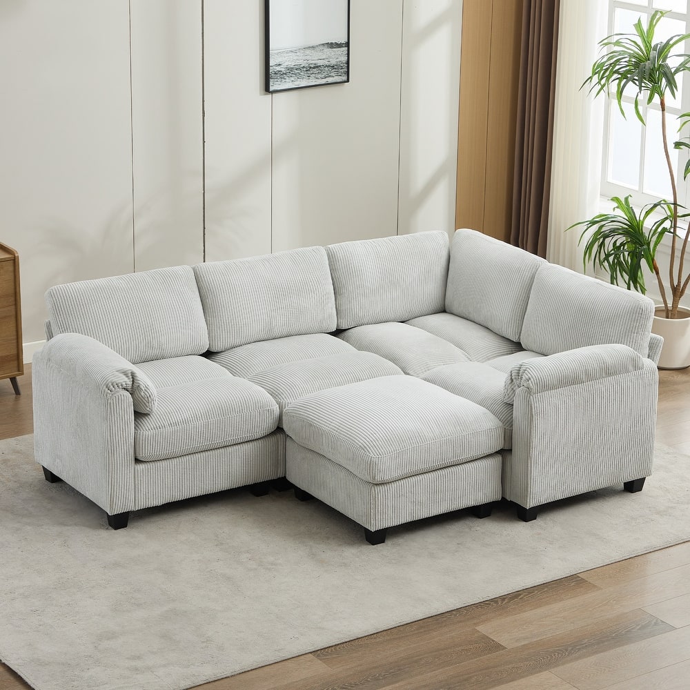 5-Seater Corduroy Sectional Sofa, Removable Ottoman, Modular Design