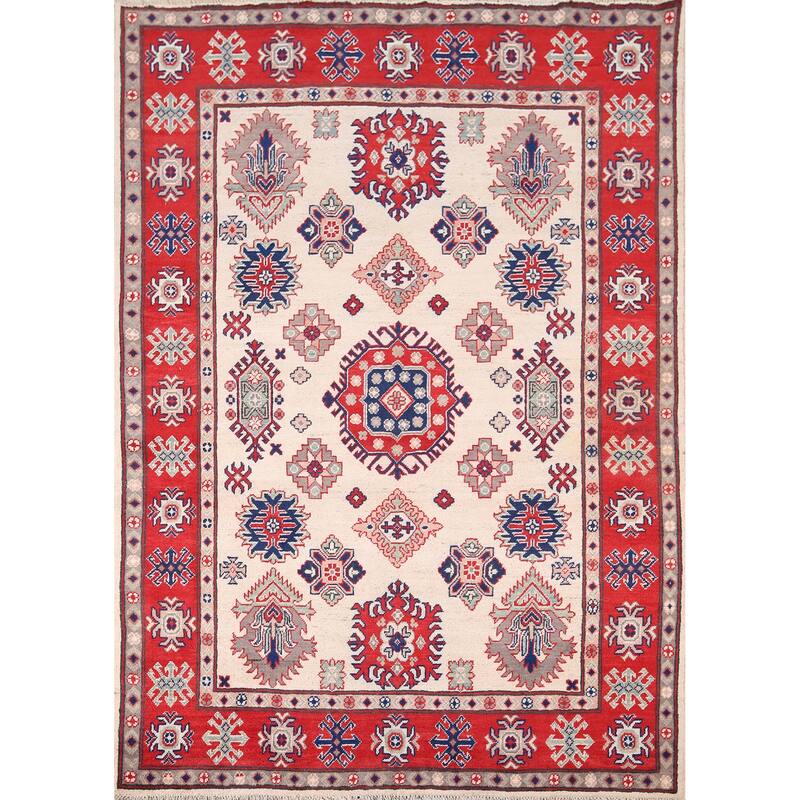 Geometric Kazak Area Rug Hand-Knotted Bedroom Beige Wool Carpet - 5'2" x 6'7"
