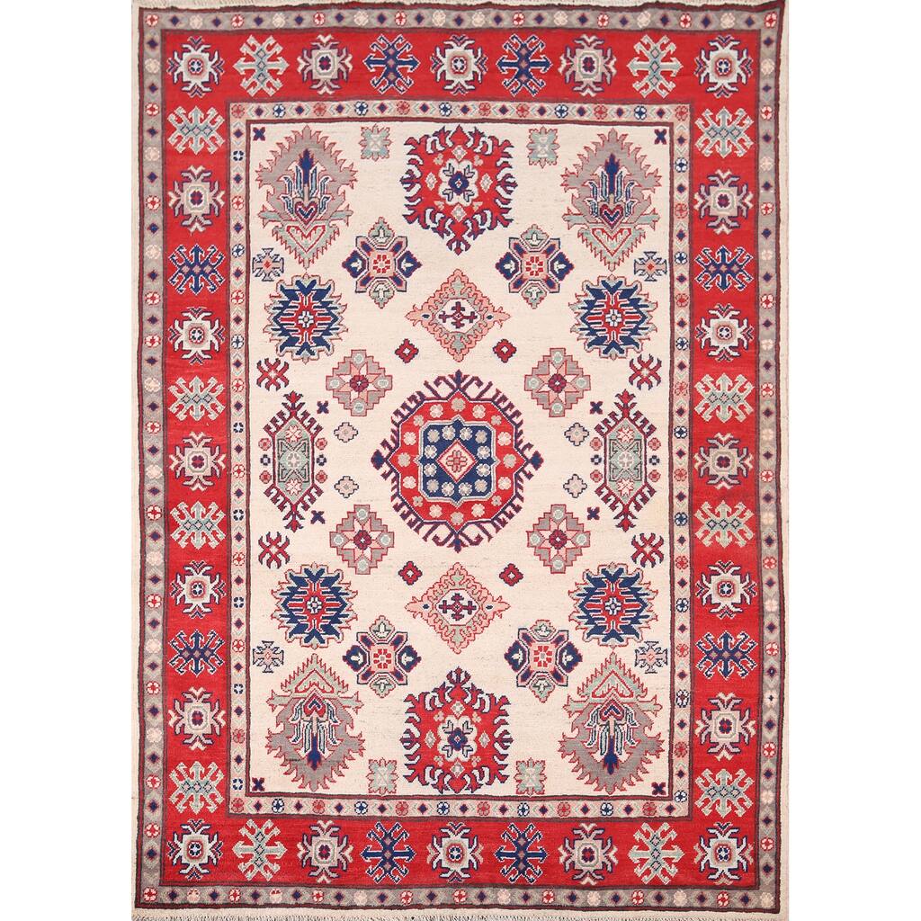 Geometric Kazak Area Rug Hand-Knotted Bedroom Beige Wool Carpet - 5'2" x 6'7"